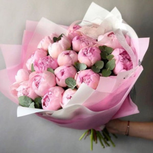 Букет 15 розовых нежных пионов с упаковкой