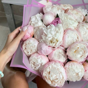 Букет 19 нежных бело-розовых пионов