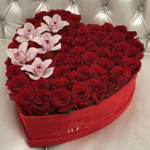 Сердце из 51 бордовой розы и орхидей